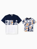 Disney Lion King Daddy & Son Simba Palm Leaf Pattern Colorblock Top Dark Blue