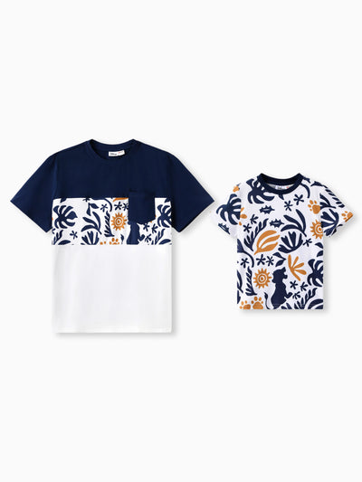 Disney Lion King Daddy & Son Simba Palm Leaf Pattern Colorblock Top Dark Blue