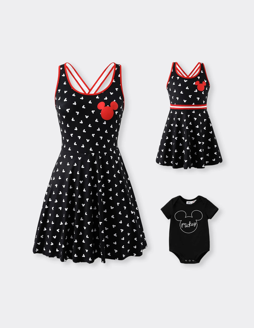 Disney Mickey and Friends Mommy and Me Family matching 1pc Mickey Mouse Allover Print Sporty Dress/Cotton Top /RomperExpression Casual Suits Family Set 3pcs Cotton Unisex Black