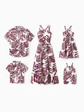 Family Matching Outfits Red Leaf Print Shirts and Strap Belted Dress for Hawaii/Cruise/Resort/Casual Wear White
