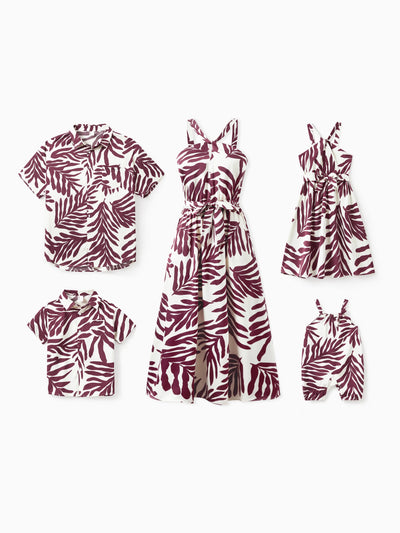 Passende Familienoutfits Hemden mit rotem Blattdruck und Trägerkleid mit Gürtel für Hawaii/Kreuzfahrt/Resort/Freizeitkleidung weiß