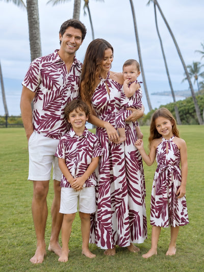 Family Matching Outfits Red Leaf Print Shirts and Strap Belted Dress for Hawaii/Cruise/Resort/Casual Wear White