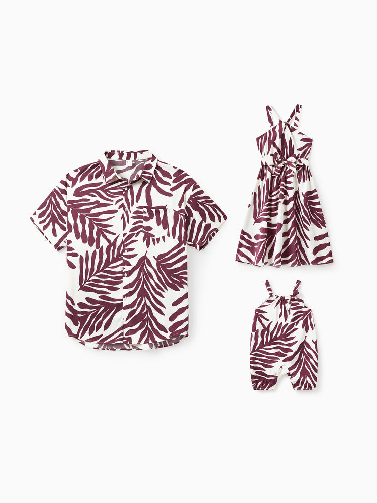 Daddy & Daughter Outfits Red Leaf Print Shirts and Strap Belted Dress for Hawaii/Cruise/Resort/Casual Wear White
