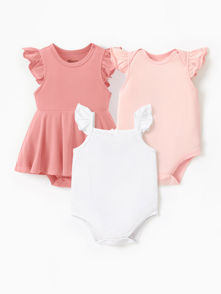 Bamboo Baby Girl Solid Color 3-Piece Rompers Set Pink