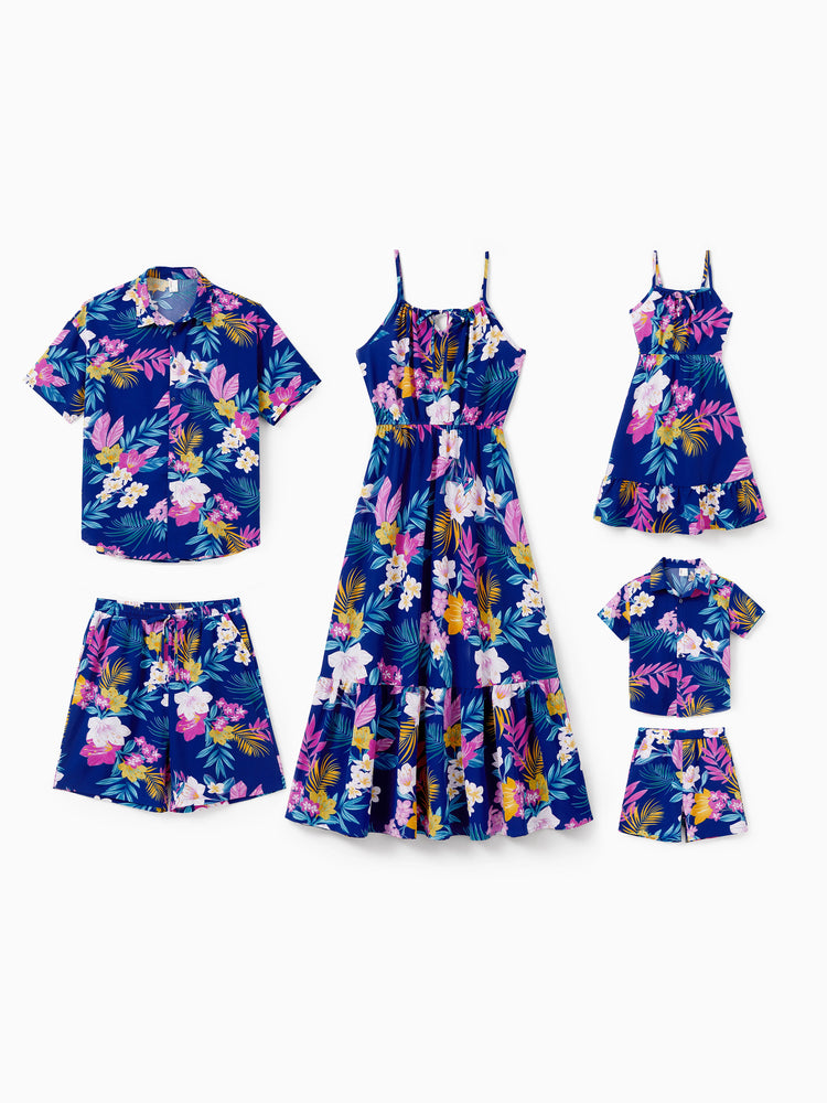 Matching Family Hawaiian Outfits Tropical Floral Print Strap Dress or Short-sleeve Shirts & Shorts Set Summer Beachwear Set for Vacation Deep Blue
