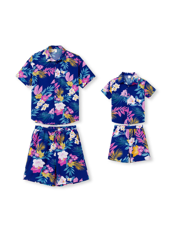 Daddy and Me Matching Family Hawaiian Outfits Tropical Floral Print Strap Dress or Short-sleeve Shirts & Shorts Set Summer Beachwear Set for Vacation  Deep Blue
