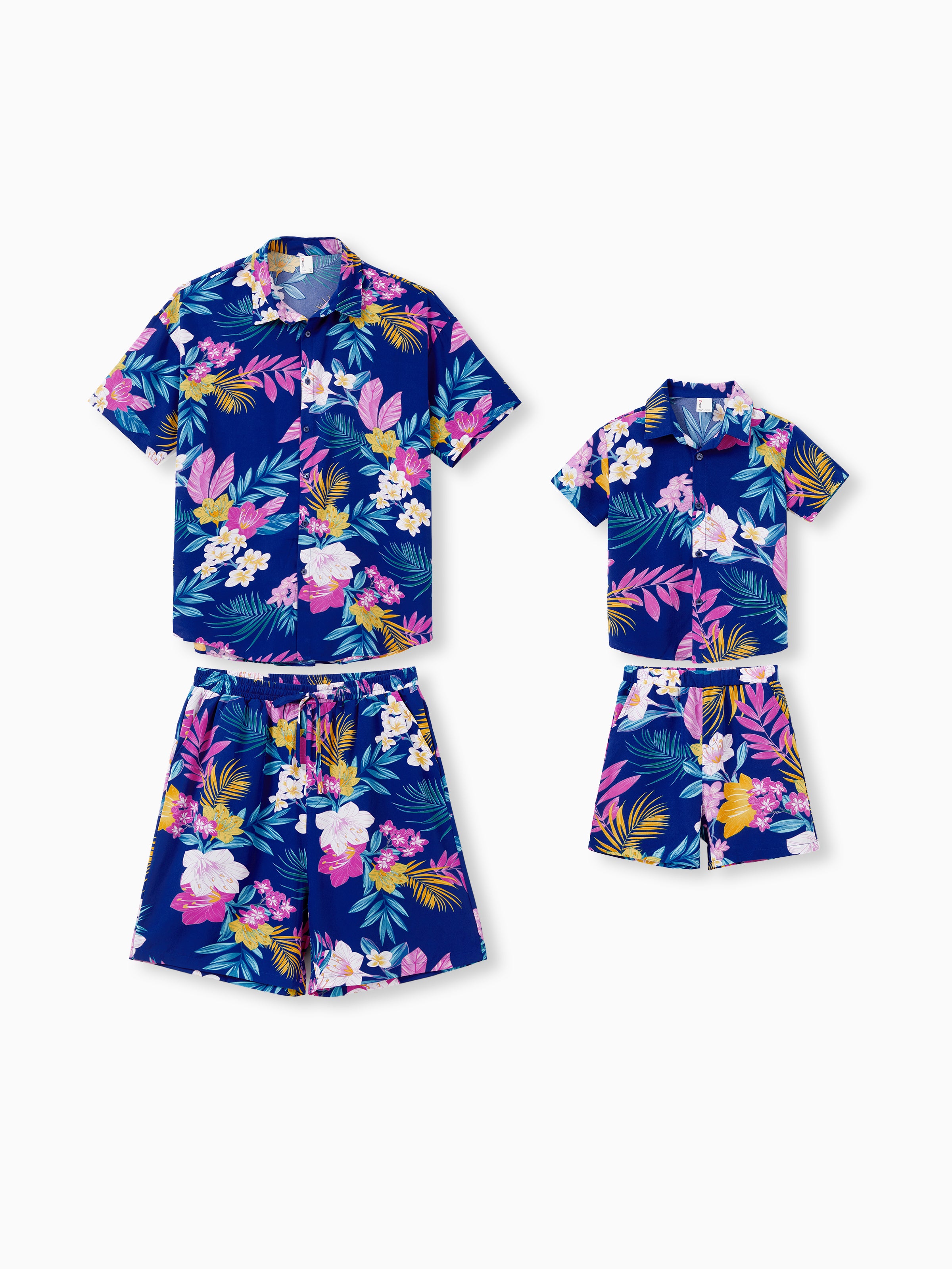 hawaiian dresses and shirts to match Daddy and Me Matching Family Hawaiian Outfits Tropical Floral Print Strap Dress or Short-sleeve Shirts & Shorts Set Summer Beachwear Set for Vacation