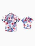 Daddy & Son Tropical Floral Outfits Pink Blue Leaf Print Short-sleeve Shirt Set for Vacation, Cruise, Beach White
