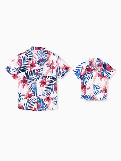 Daddy & Son Tropical Floral Outfits Pink Blue Leaf Print Short-sleeve Shirt Set for Vacation, Cruise, Beach White