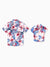Daddy & Son Tropical Floral Outfits Pink Blue Leaf Print Short-sleeve Shirt Set for Vacation, Cruise, Beach White