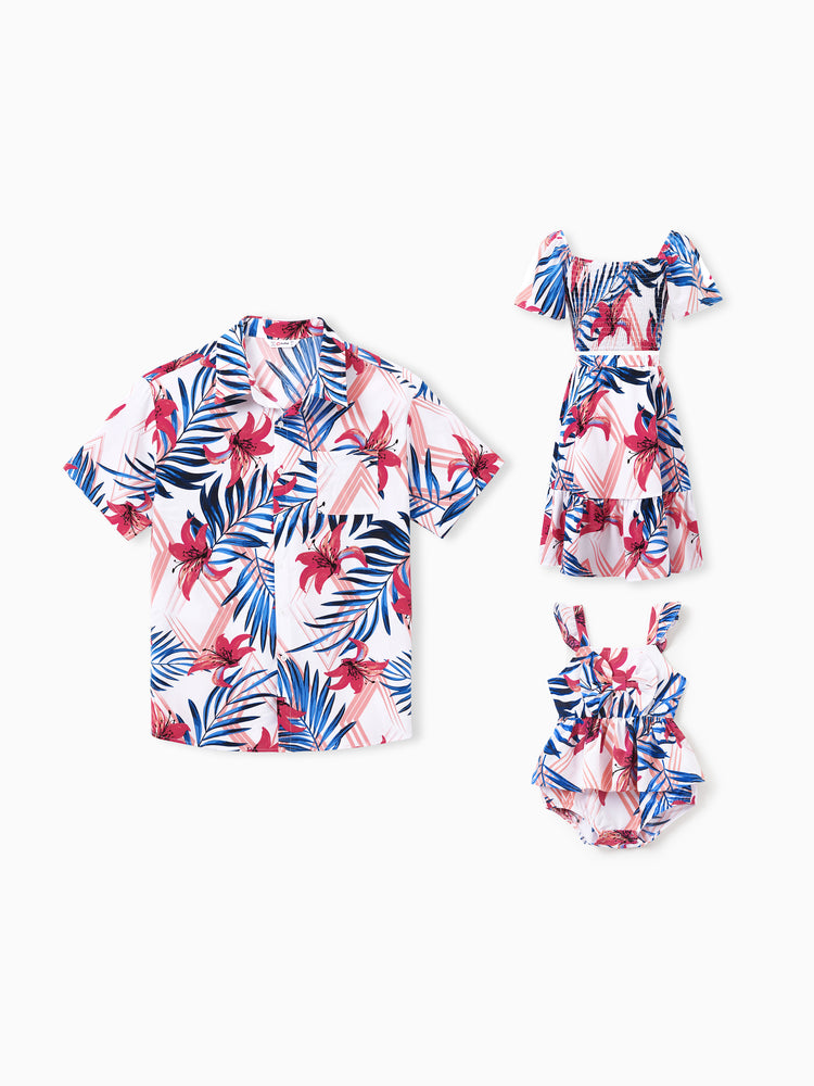 Conjuntos Tropicales de Papá e Hija Camisa de Manga Corta con Estampado de Hojas Rosas y Azules o Top Fruncido de Un Hombro y Falda a Juego para Vacaciones, Crucero, Playa Blanco