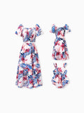 Mommy & me Tropical Floral Outfits Pink Blue Leaf Print Short-sleeve Shirt or One Shoulder Smocked top and Skirt Co-ord Set for Vacation, Cruise, Beach White