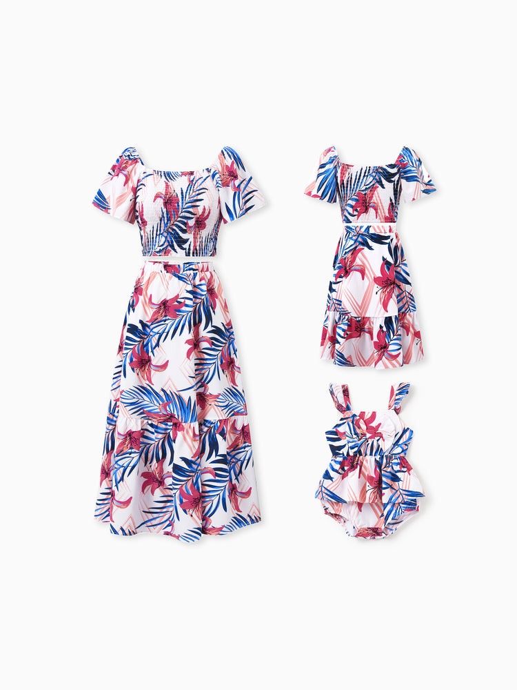 Mommy & me Tropical Floral Outfits Pink Blue Leaf Print Short-sleeve Shirt or One Shoulder Smocked top and Skirt Co-ord Set for Vacation, Cruise, Beach White