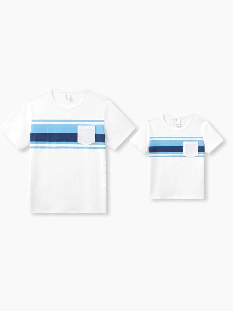 Daddy & Son Outfits White and Blue Colorblock Short-sleeve T-shirt Blue
