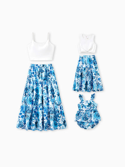 Mommy & me Outfits White Camisole Top and Blue Floral Print Skirt Co-ord Set Blue