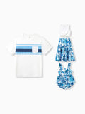 Daddy & Daughter Outfits White Camisole Top and Blue Floral Print Skirt Co-ord Set or Colorblock Short-sleeve T-shirt Blue
