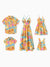 Conjunto familiar amarillo a juego con estampado de hojas tropicales, camisa de manga corta o vestido de tirantes amarillo