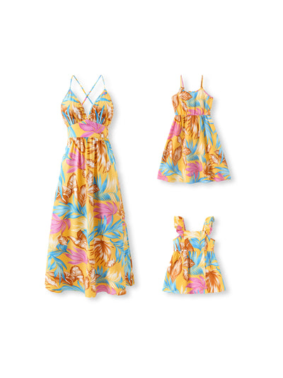 Mommy and Me Family Matching Yellow Set Tropical Leaf Print Short-sleeve Shirt or Strap Dress  Yellow