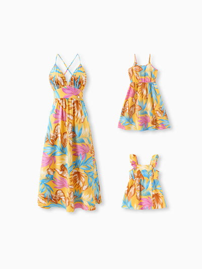 Mommy and Me Family Matching Yellow Set Tropical Leaf Print Short-sleeve Shirt or Strap Dress  Yellow