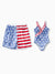 Independence Day 4th of July Daddy & Daughter Patriotic Swimwear Stars and Stripes Board Shorts or Ruffled Layers V-neck One-Piece Swimsuits Blue