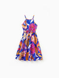 Toddler/Kid Girl Hawaiian Outfits Tropical Floral Print Vacation Clothes Strap Belted Dress Summer Beachwear Set Navy