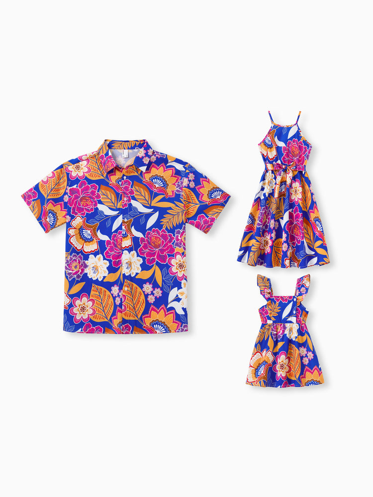 Daddy & Tochter Hawaiianische Outfits Tropischer Blumenmuster Urlaubskleidung Träger Kleid mit Gürtel oder Kurzarm Shirts Sommer Strandbekleidung Set Marineblau