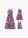 Mommy & me Hawaiian Outfits Tropical Floral Print Vacation Clothes Strap Belted Dress Navy