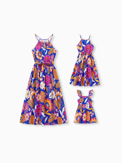 Mommy & me Hawaiian Outfits Tropical Floral Print Vacation Clothes Strap Belted Dress Navy