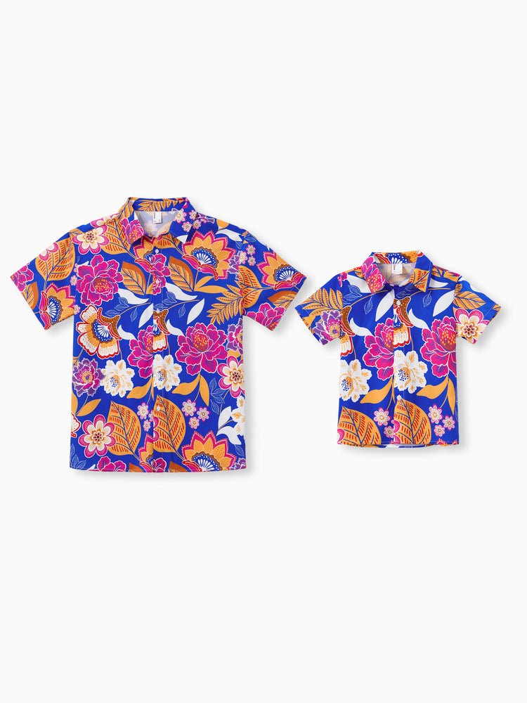 Daddy & Son Hawaiian Outfits Tropical Floral Print Vacation Clothes Short-sleeve Shirts Summer Beachwear Set Navy