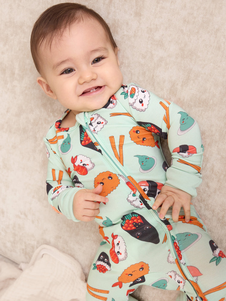 Pyjama en bambou pour bébé/fille avec imprimé enfantin (ajusté) vert clair