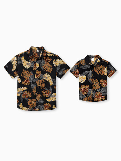 Daddy & Son Floral Print Beach Wear Short-sleeve Shirt Set for Summer Vacation Family Looks Black+White