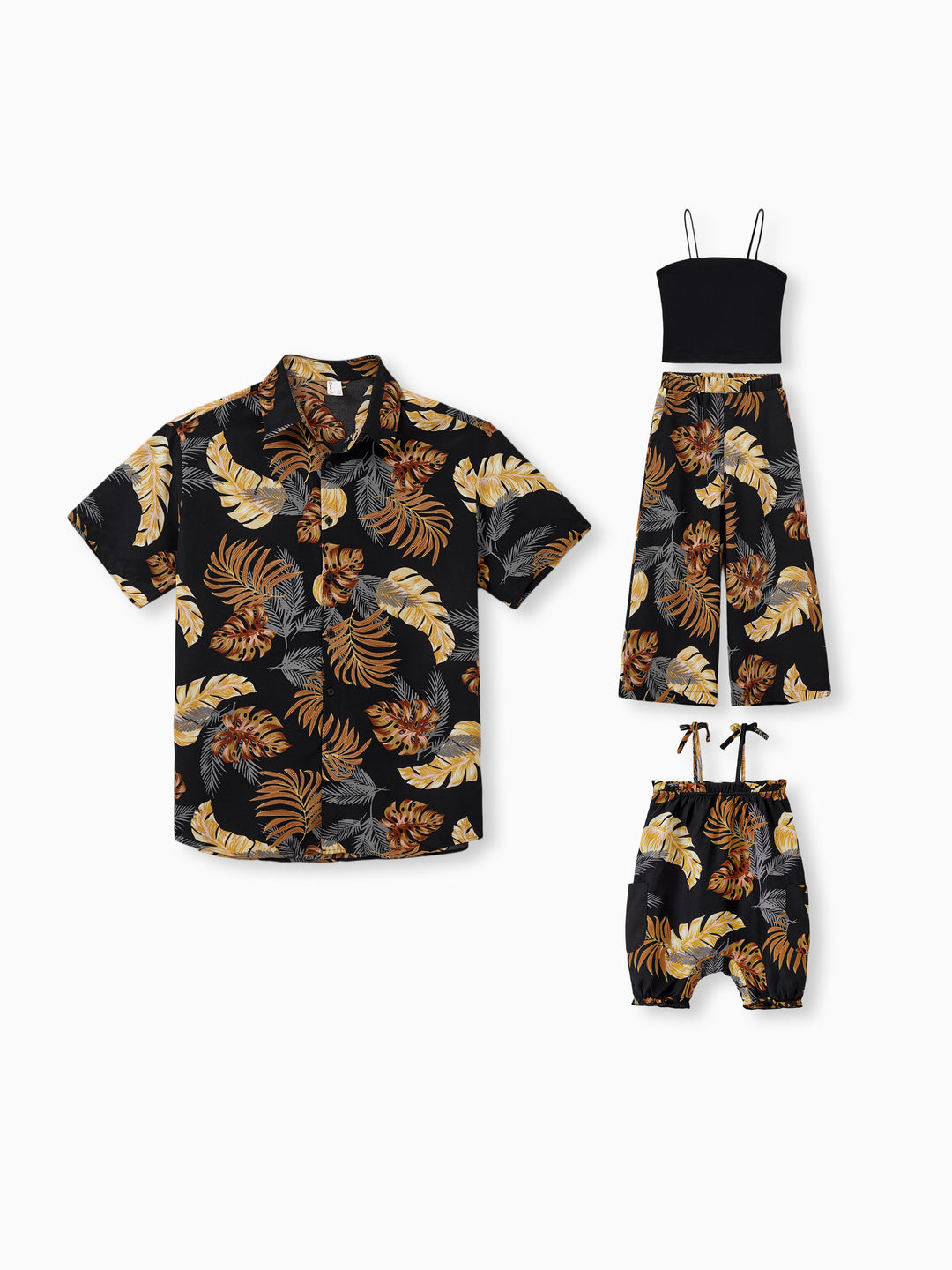 Ensembles papa et fille Tenues de plage imprimé floral Chemise manches courtes ou top camisole et pantalon large pour vacances d'été Looks famille Noir+Blanc