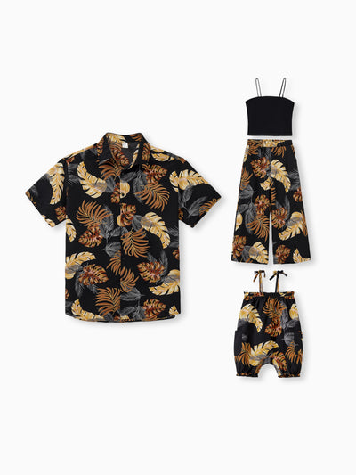 Daddy & Daughter Floral Print Beach Wear Short-sleeve Shirt or Camisole top and Wide-Leg Pants Set for Summer Vacation Family Looks Black+White