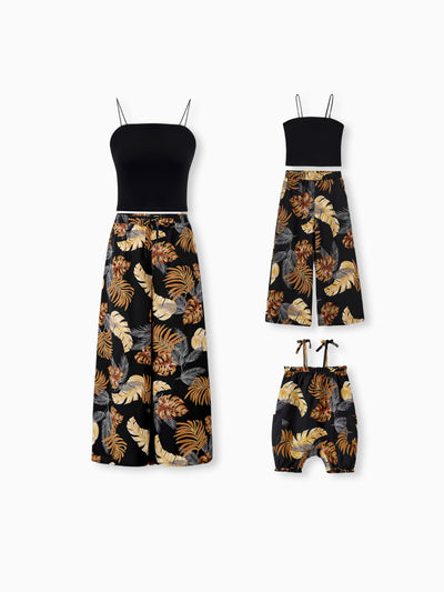 Mommy & me Floral Print Beach Wear Camisole top and Wide-Leg Pants Set for Summer Vacation Family Looks Black+White