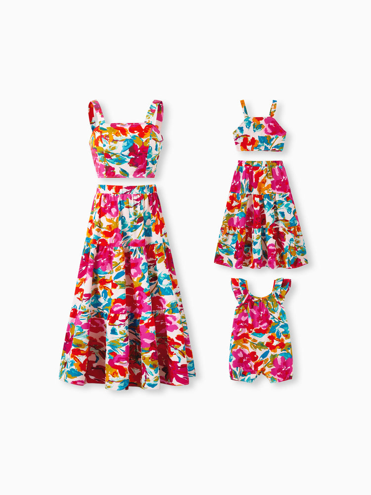 Colorful Mommy & me Outfits Sleeveless Strap Top and Skirt Co-ord Set & Shirt Sets Summer Vacation Clothe for Beach, Photoshoots, Travel Hot Pink