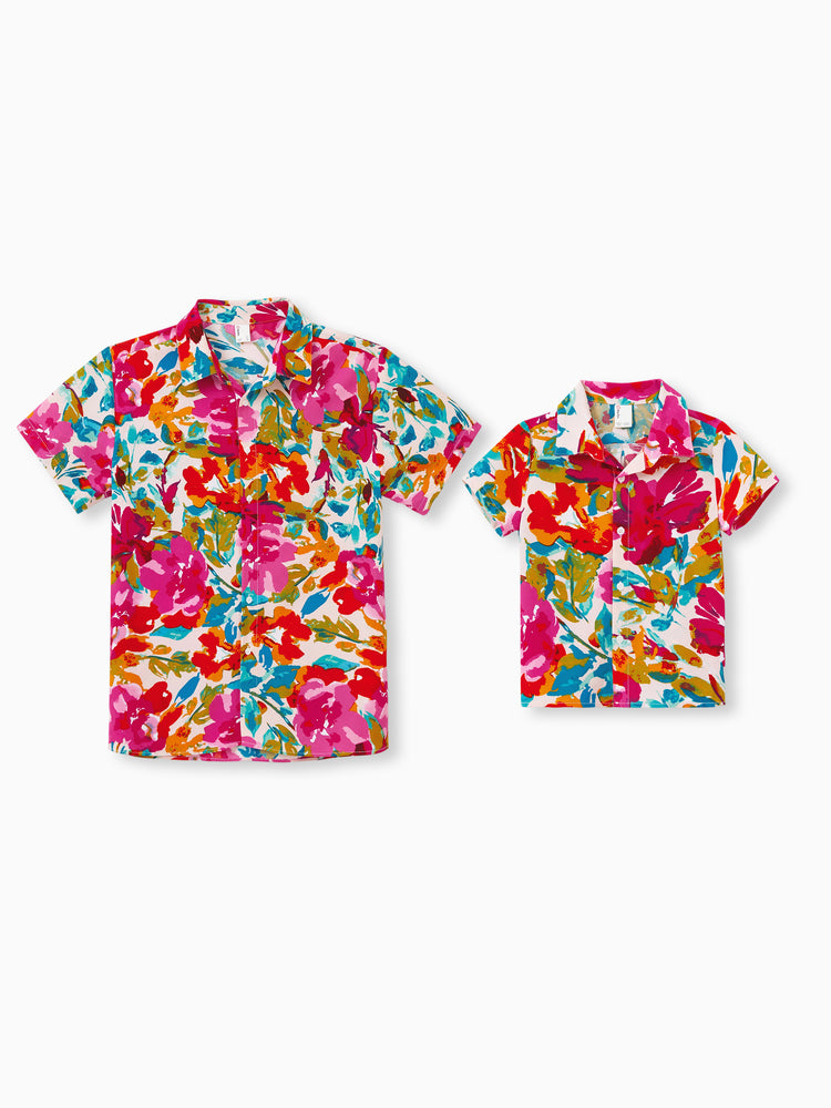 Daddy & Son Colorful Outfits Shirt Sets Summer Vacation Clothe for Beach, Photoshoots, Travel Hot Pink