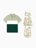 Daddy & Daughter Outfits Tropical Floral Print Strap Dress or Short-sleeve Colorblock Shirts Set Pale Green