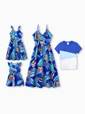Mommy & me Tropical Dress & T-shirt Set – Blue Floral Print for Dad, Mom, Girls & Baby, Perfect for Summer Vacations and Family Photos Blue