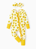 Bamboo Baby Boy/Girl Animal Printed 2-Way Zipper Anti Slip Long-sleeve Footie with Hairband Yellow
