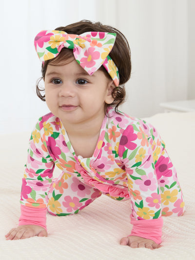 Grenouillère à manches longues et pieds intégrés, imprimée animaux, en bambou, rose foncé, fermeture éclair double sens, antidérapante, avec bandeau.