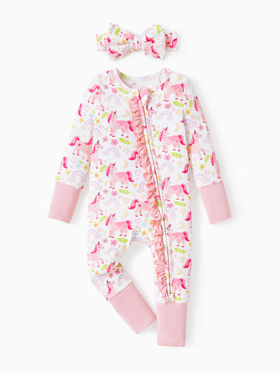 Bamboo Baby Boy/Girl Animal Printed 2-Way Zipper Anti Slip Long-sleeve Footie with Hairband Pink