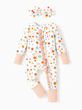 Bamboo Baby Boy/Girl Animal Printed 2-Way Zipper Anti Slip Long-sleeve Footie with Hairband Apricot