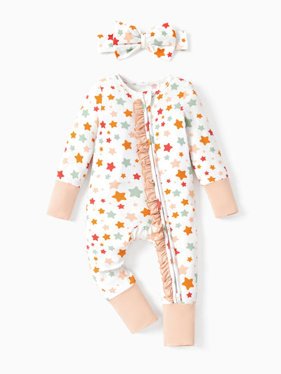 Bamboo Baby Boy/Girl Animal Printed 2-Way Zipper Anti Slip Long-sleeve Footie with Hairband Apricot