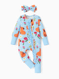 Bamboo Baby Boy/Girl Animal Printed 2-Way Zipper Anti Slip Long-sleeve Footie with Hairband Turquoise