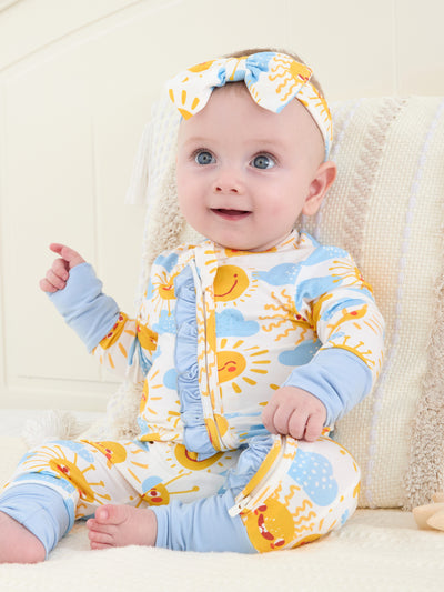 Grenouillère à manches longues et pieds, imprimée animaux, en bambou, pour bébé garçon/fille, avec fermeture éclair à double sens, antidérapante et bandeau pour les cheveux, bleu clair