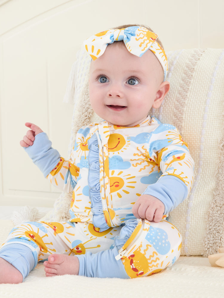 Grenouillère à manches longues et pieds, imprimée animaux, en bambou, pour bébé garçon/fille, avec fermeture éclair à double sens, antidérapante et bandeau pour les cheveux, bleu clair