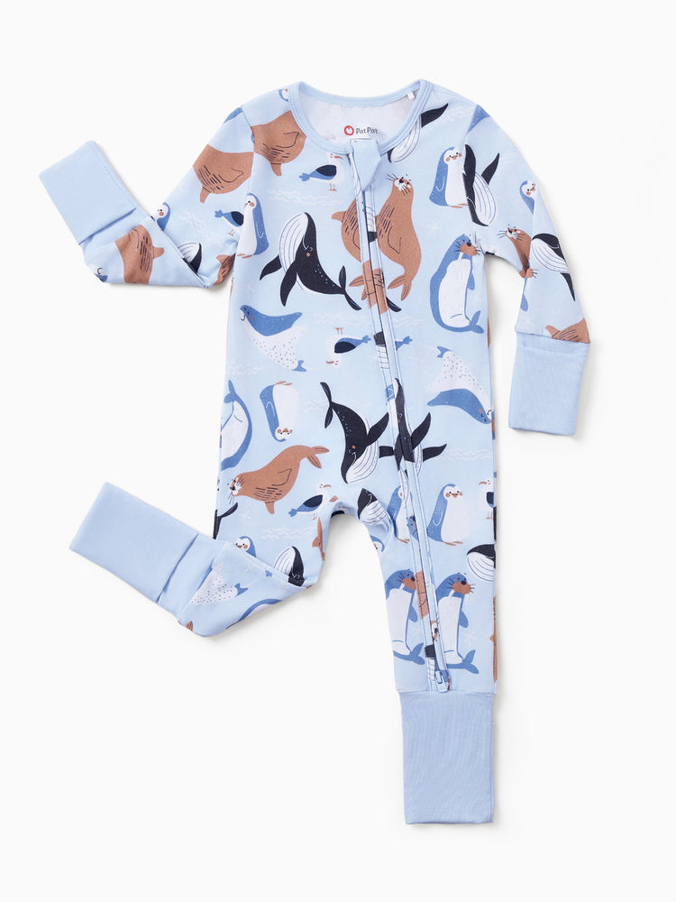 Bamboo Baby Boy/Girl Animal Printed 2-Way Zip Onesies Anti Slip Long-sleeve Footie with Hairband Royal Blue