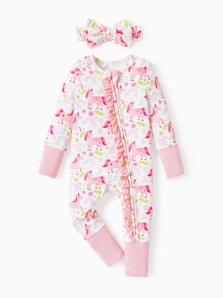 Bamboo Baby Boy/Girl Animal Printed 2-Way Zipper Anti Slip Long-sleeve Footie with Hairband Pink