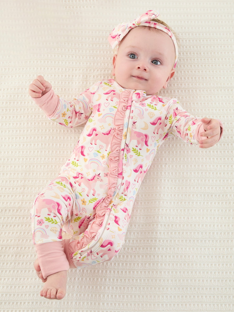 Grenouillère à manches longues et pieds intégrés, imprimée animaux, en bambou rose, avec fermeture éclair double sens, antidérapante et bandeau pour les cheveux.