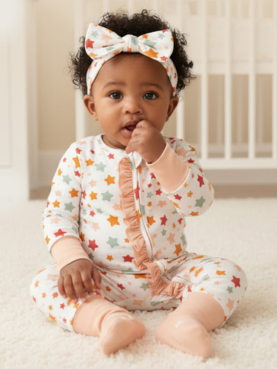 Grenouillère à manches longues et pieds intégrés, imprimée animaux, en bambou, pour bébé garçon/fille, avec fermeture éclair à double sens, antidérapante et bandeau pour les cheveux, couleur abricot